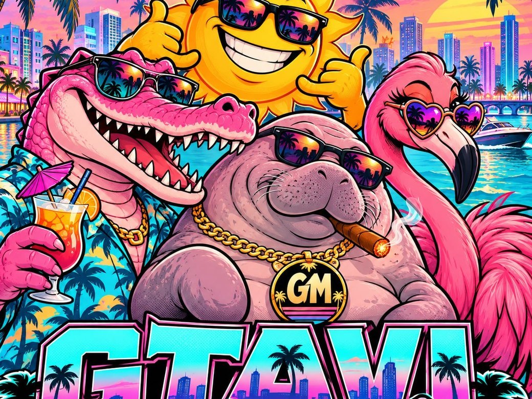 The $GM crew lounging on the neon waterfront at sunset