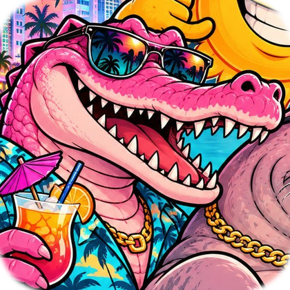 A pink crocodile in a palm-print shirt holding a tropical cocktail