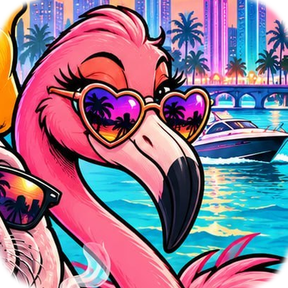 A flamingo wearing heart-shaped mirrored sunglasses by the water