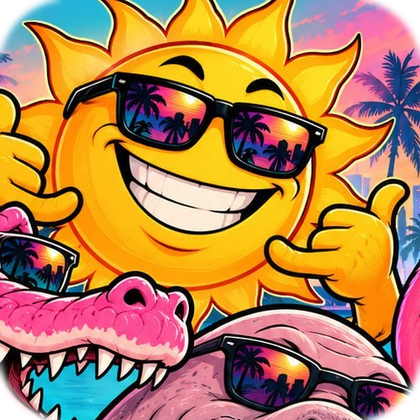 A grinning sun wearing mirrored sunglasses, giving two thumbs up