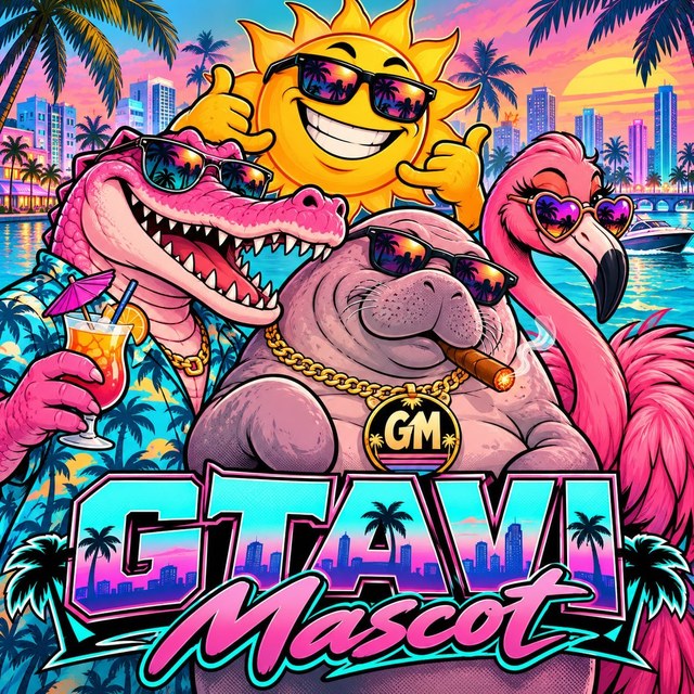 The GTA VI Mascot crew: a sunglasses sun, a pink crocodile with a cocktail, a manatee in a GM chain and a flamingo in heart shades
